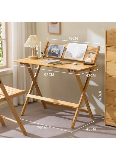 No-Install Folding Desk For Students, Home Office Compact Writing Table, Bedroom Study Workstation (L79 x W45 x H87)cm - Wood Color