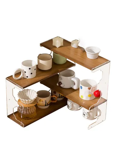 Desktop Corner Coffee Cup Holder, L-Shape Bamboo Bookshelf Display Rack Storage Organizer - Brown