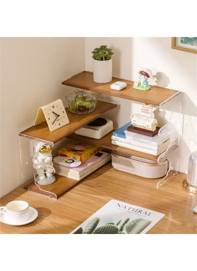 Desktop Corner Coffee Cup Holder, L-Shape Bamboo Bookshelf Display Rack Storage Organizer - Brown