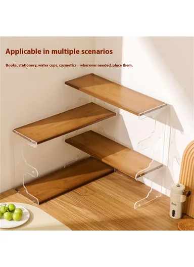 Desktop Corner Coffee Cup Holder, L-Shape Bamboo Bookshelf Display Rack Storage Organizer - Brown