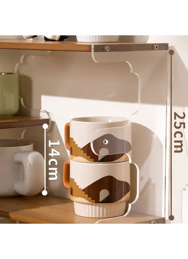 Desktop Corner Coffee Cup Holder, L-Shape Bamboo Bookshelf Display Rack Storage Organizer - Brown