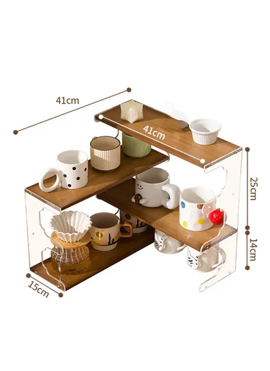 Desktop Corner Coffee Cup Holder, L-Shape Bamboo Bookshelf Display Rack Storage Organizer - Brown