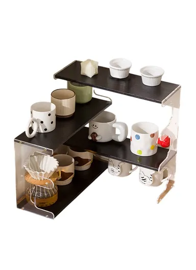 Desktop Corner Coffee Cup Holder, L-Shape Bamboo Bookshelf Display Rack Storage Organizer - Black