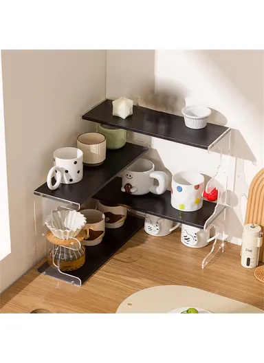 Desktop Corner Coffee Cup Holder, L-Shape Bamboo Bookshelf Display Rack Storage Organizer - Black