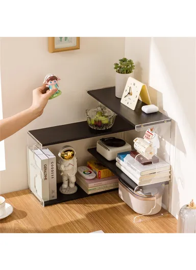 Desktop Corner Coffee Cup Holder, L-Shape Bamboo Bookshelf Display Rack Storage Organizer - Black