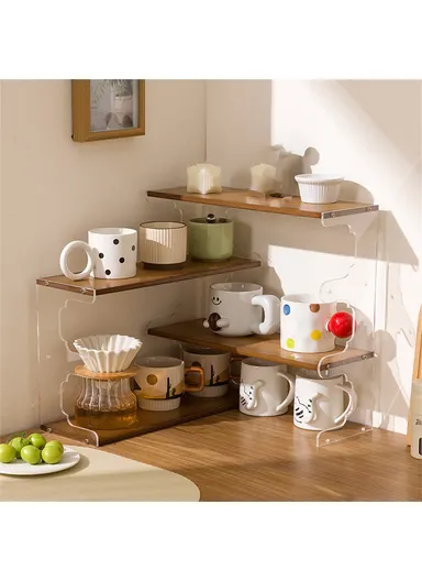 Desktop Corner Coffee Cup Holder, L-Shape Bamboo Bookshelf Display Rack Storage Organizer - Black