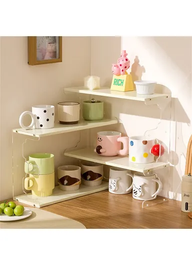 Desktop Corner Coffee Cup Holder, L-Shape Bamboo Bookshelf Display Rack Storage Organizer - Black