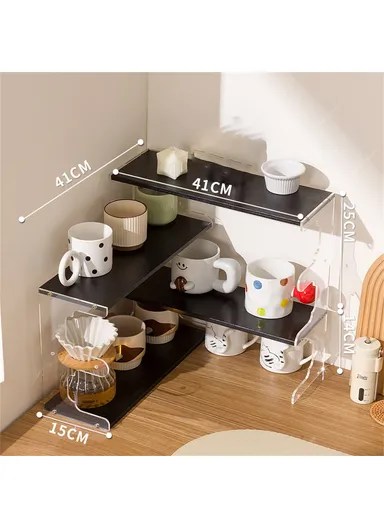 Desktop Corner Coffee Cup Holder, L-Shape Bamboo Bookshelf Display Rack Storage Organizer - Black