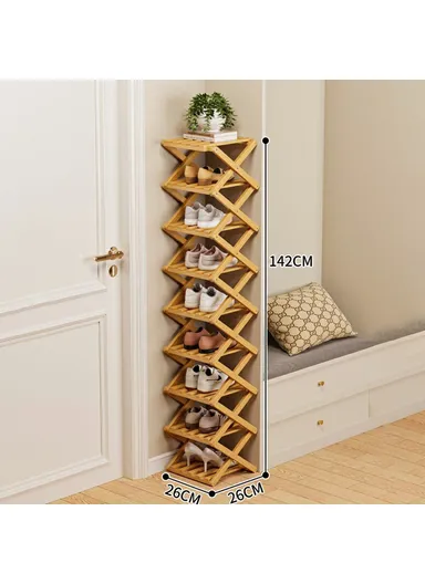 Folding 9-Tier Shoe Rack Entryway Storage Holder Shoes Organizer for Indoor Corner - Burlywood