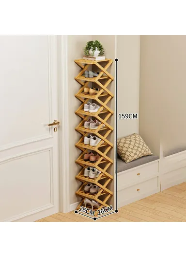 Folding 10-Tier Shoe Rack Entryway Storage Holder Shoes Organizer for Indoor Corner - Burlywood