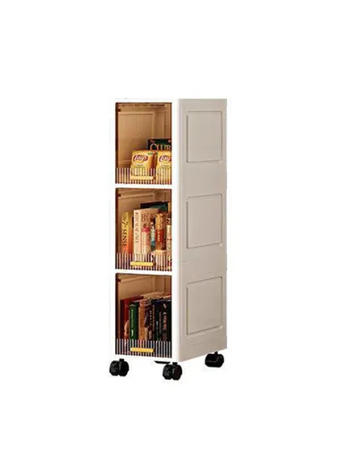 Foldable 3 Tier PP Storage Cabinet Transparent Door Kitchen ,Living Room, Narrow Space Organizer with Wheels