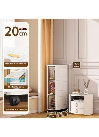 Foldable 3 Tier PP Storage Cabinet Transparent Door Kitchen ,Living Room, Narrow Space Organizer with Wheels