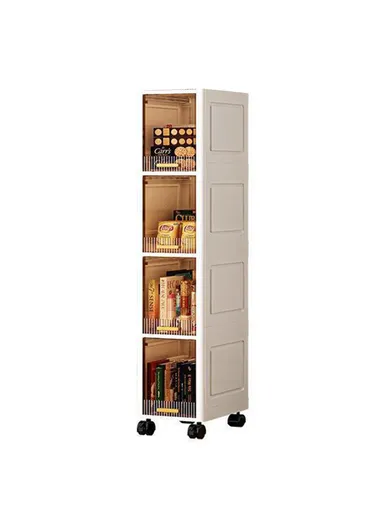 Foldable 4 Tier PP Storage Cabinet Transparent Door Kitchen ,Living Room, Narrow Space Organizer with Wheels