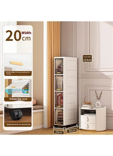 Foldable 4 Tier PP Storage Cabinet Transparent Door Kitchen ,Living Room, Narrow Space Organizer with Wheels
