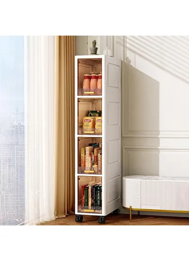 Foldable 4 Tier PP Storage Cabinet Transparent Door Kitchen ,Living Room, Narrow Space Organizer with Wheels