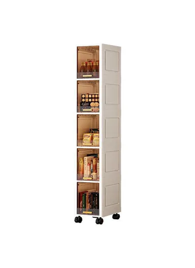 Foldable 5 Tier PP Storage Cabinet Transparent Door Kitchen, Living Room, Narrow Space Organizer with Wheels