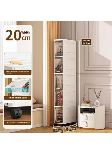 Foldable 5 Tier PP Storage Cabinet Transparent Door Kitchen, Living Room, Narrow Space Organizer with Wheels