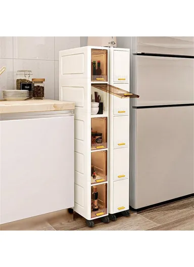 Foldable 5 Tier PP Storage Cabinet Transparent Door Kitchen, Living Room, Narrow Space Organizer with Wheels