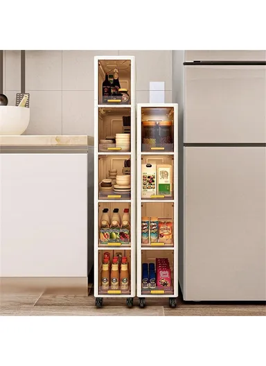 Foldable 5 Tier PP Storage Cabinet Transparent Door Kitchen, Living Room, Narrow Space Organizer with Wheels