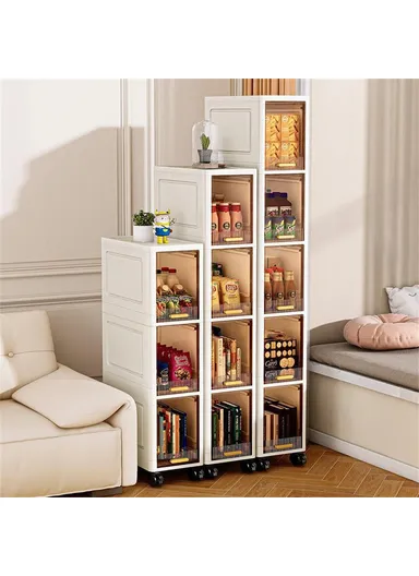 Foldable 5 Tier PP Storage Cabinet Transparent Door Kitchen, Living Room, Narrow Space Organizer with Wheels