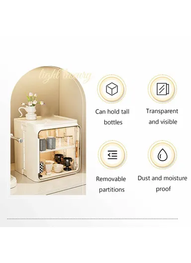 2-Tier Dust-Proof Cup Storage Cabinet Tea &amp; Coffee Drinkware Countertop Mug Organizer - Beige