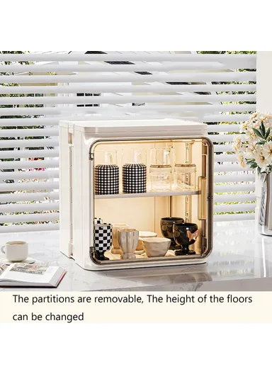 2-Tier Dust-Proof Cup Storage Cabinet Tea &amp; Coffee Drinkware Countertop Mug Organizer - Beige