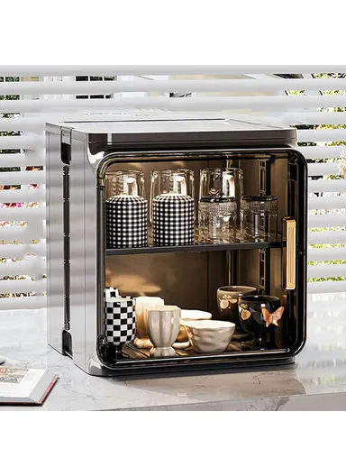 2-Tier Dust-Proof Cup Storage Cabinet Tea &amp; Coffee Drinkware Countertop Mug Organizer - Black