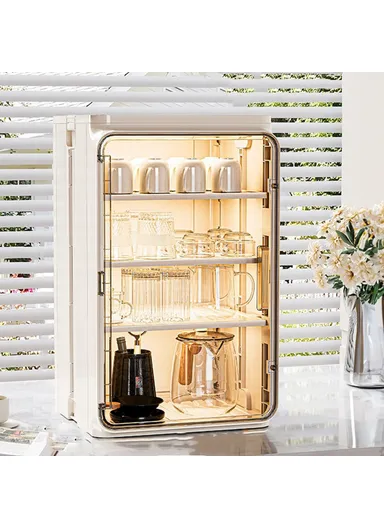 4-Tier Dust-Proof Cup Storage Cabinet Tea &amp; Coffee Drinkware Countertop Mug Organizer - Beige