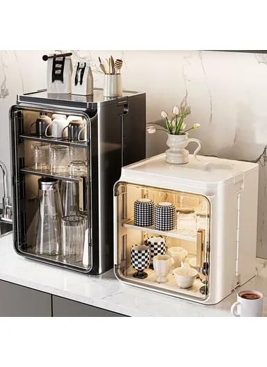 4-Tier Dust-Proof Cup Storage Cabinet Tea &amp; Coffee Drinkware Countertop Mug Organizer - Beige