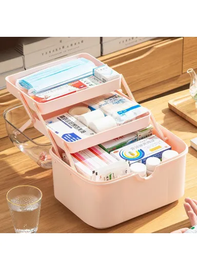 Medical Storage Box Large Capacity Multi-Layer Home First Aid Medication Cosmetics Organizer - Pink