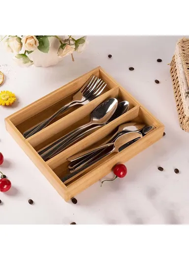 Bamboo Cutlery Organizer 3 Compartments Kitchen Utensils Drawer Storage Box Flatware Holder