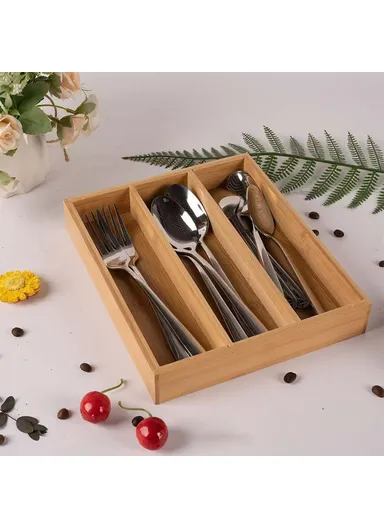 Bamboo Cutlery Organizer 3 Compartments Kitchen Utensils Drawer Storage Box Flatware Holder
