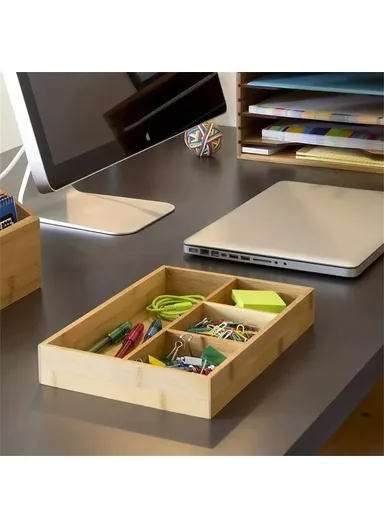 4 Compartments Bamboo Organizer Drawer Kitchen Office Bathroom Sundries Storage Box