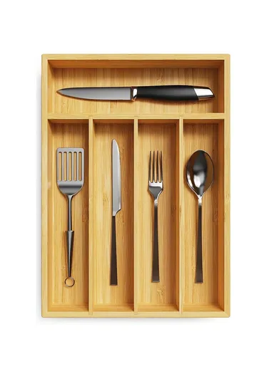 Bamboo 5 Compartment Kitchen Utensil Organizer Drawer Divider Bedroom Storage Box