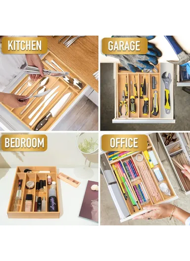 Bamboo 5 Compartment Kitchen Utensil Organizer Drawer Divider Bedroom Storage Box
