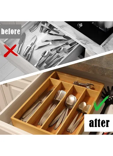 Bamboo 5 Compartment Kitchen Utensil Organizer Drawer Divider Bedroom Storage Box