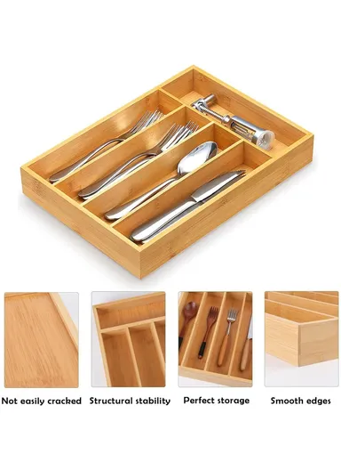 Bamboo 5 Compartment Kitchen Utensil Organizer Drawer Divider Bedroom Storage Box