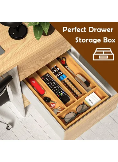 Bamboo 5 Compartment Kitchen Utensil Organizer Drawer Divider Bedroom Storage Box