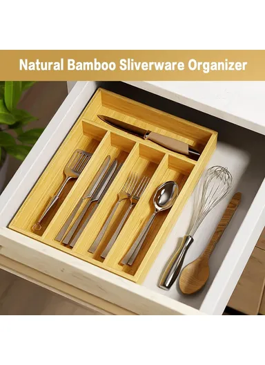 Bamboo 5 Compartment Kitchen Utensil Organizer Drawer Divider Bedroom Storage Box
