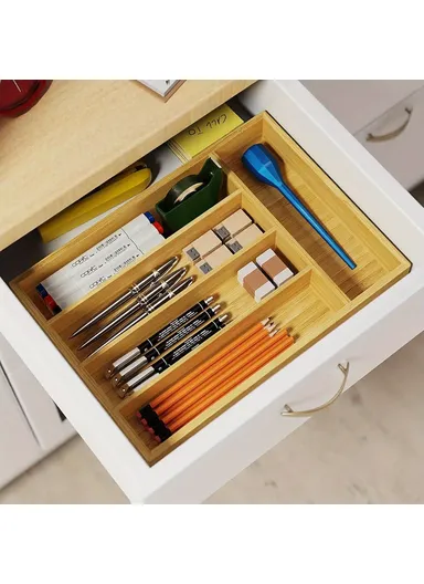 Bamboo 5 Compartment Kitchen Utensil Organizer Drawer Divider Bedroom Storage Box