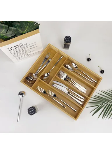 Bamboo 6 Compartment Kitchen Utensil Organizer Drawer Divider Bedroom Sundries Storage Box