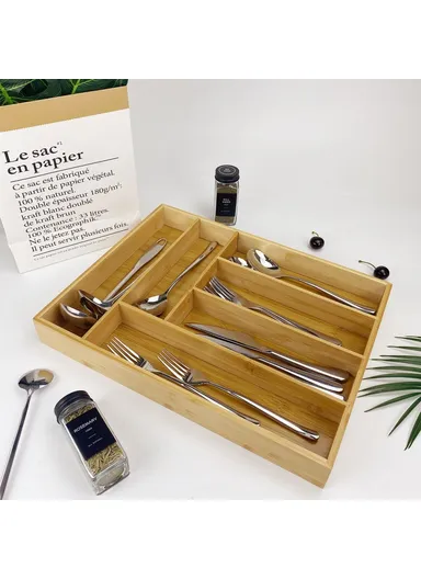 Bamboo 6 Compartment Kitchen Utensil Organizer Drawer Divider Bedroom Sundries Storage Box