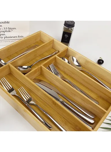 Bamboo 6 Compartment Kitchen Utensil Organizer Drawer Divider Bedroom Sundries Storage Box