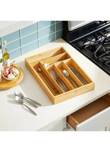 Bamboo 6 Compartment Kitchen Utensil Organizer Drawer Divider Bedroom Sundries Storage Box