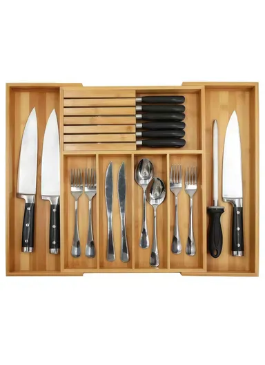 Retractable Kitchen Drawer Organizer with Knife Block, Bamboo Utensil Holder Storage Box