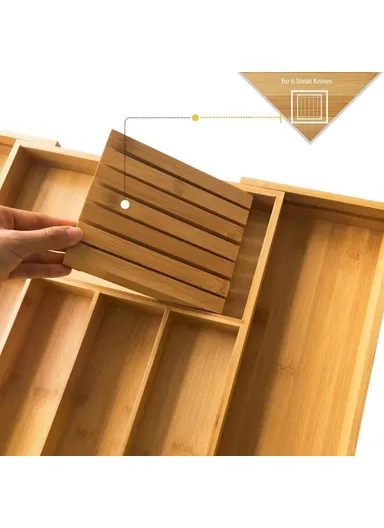 Retractable Kitchen Drawer Organizer with Knife Block, Bamboo Utensil Holder Storage Box