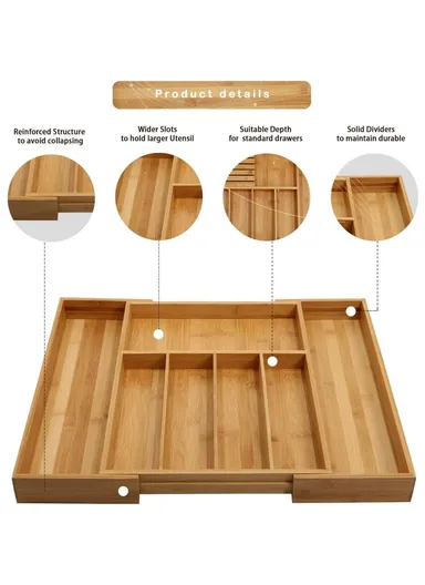 Retractable Kitchen Drawer Organizer with Knife Block, Bamboo Utensil Holder Storage Box