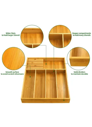 Retractable Kitchen Drawer Organizer with Knife Block, Bamboo Utensil Holder Storage Box