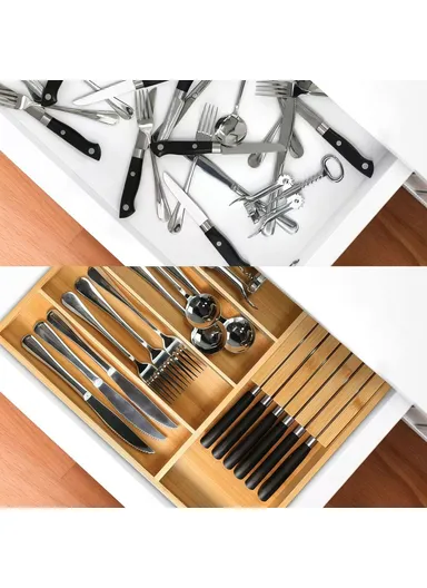 Retractable Kitchen Drawer Organizer with Knife Block, Bamboo Utensil Holder Storage Box