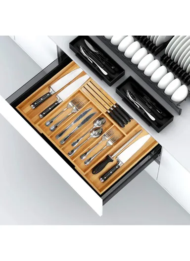 Retractable Kitchen Drawer Organizer with Knife Block, Bamboo Utensil Holder Storage Box
